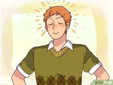A drawing of a ginger person in a green shirt beaming with their eyes close and looking self-assured.